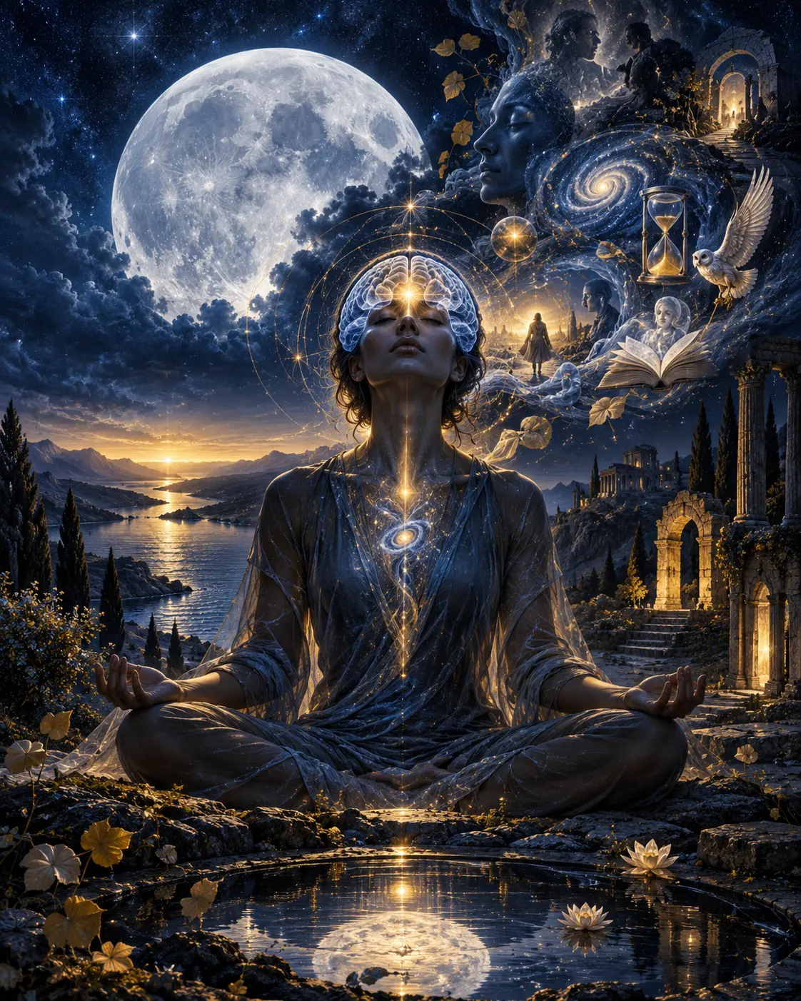 A woman meditating beneath a full moon with a glowing brain and a golden light along her spine, surrounded by dreamlike scenes, an hourglass, an owl and an open book
