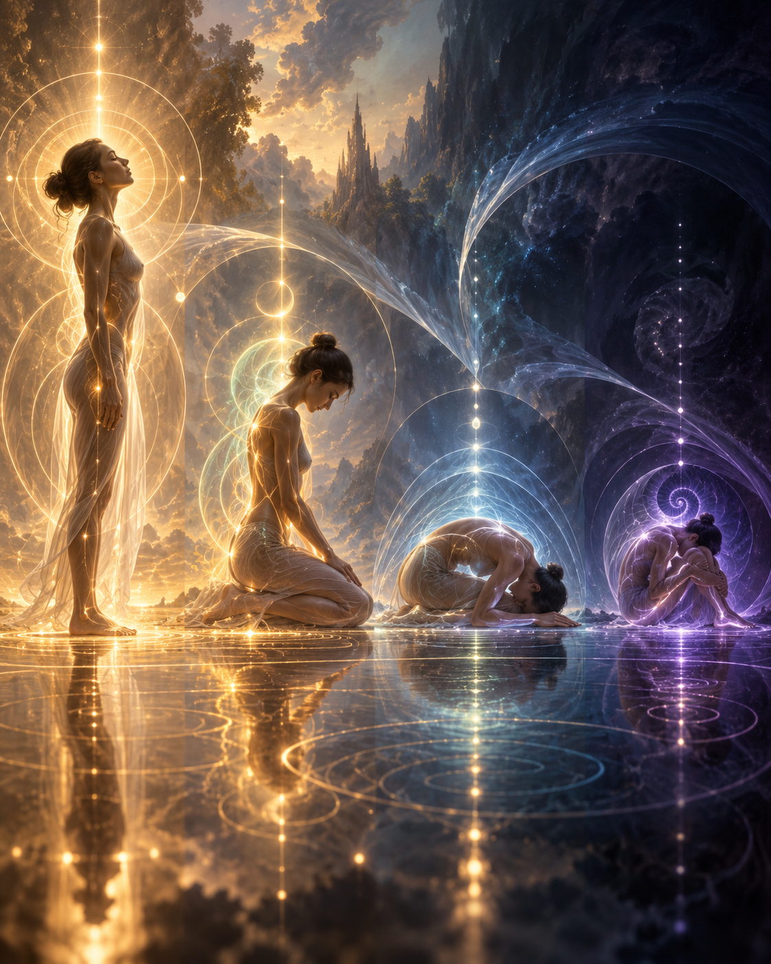 Four women in successive postures—standing, kneeling, folded forward and curled into a spiral—surrounded by glowing circles, arcs and spirals reflected on still water