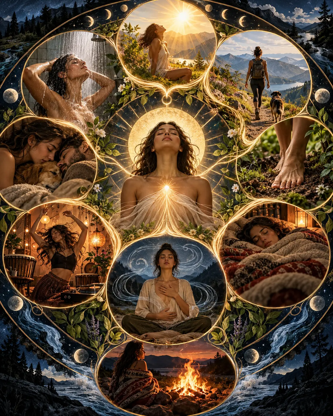 A woman surrounded by scenes of water, sunlight, walking, grounding, touch, rhythm, rest, breathing and fire