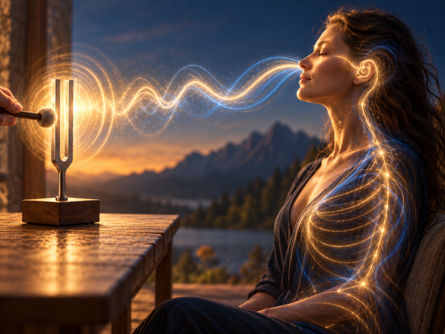 A woman experiencing waves of sound from a tuning fork moving through her body