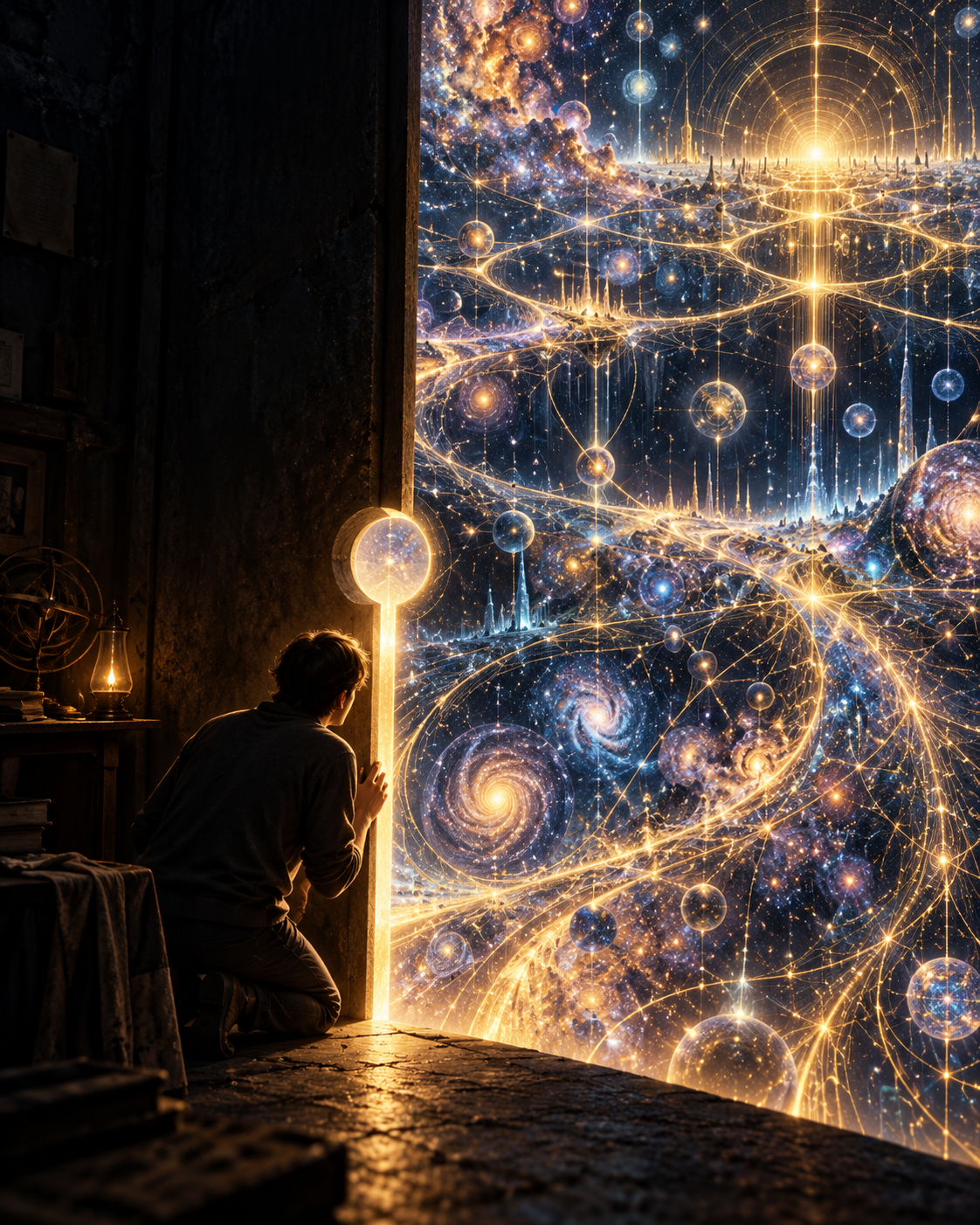 A person kneeling in a dark study peers through a narrow opening in a massive doorway into a vast cosmos of spiral galaxies, golden webs of light, and a radiant sun surrounded by geometric rings