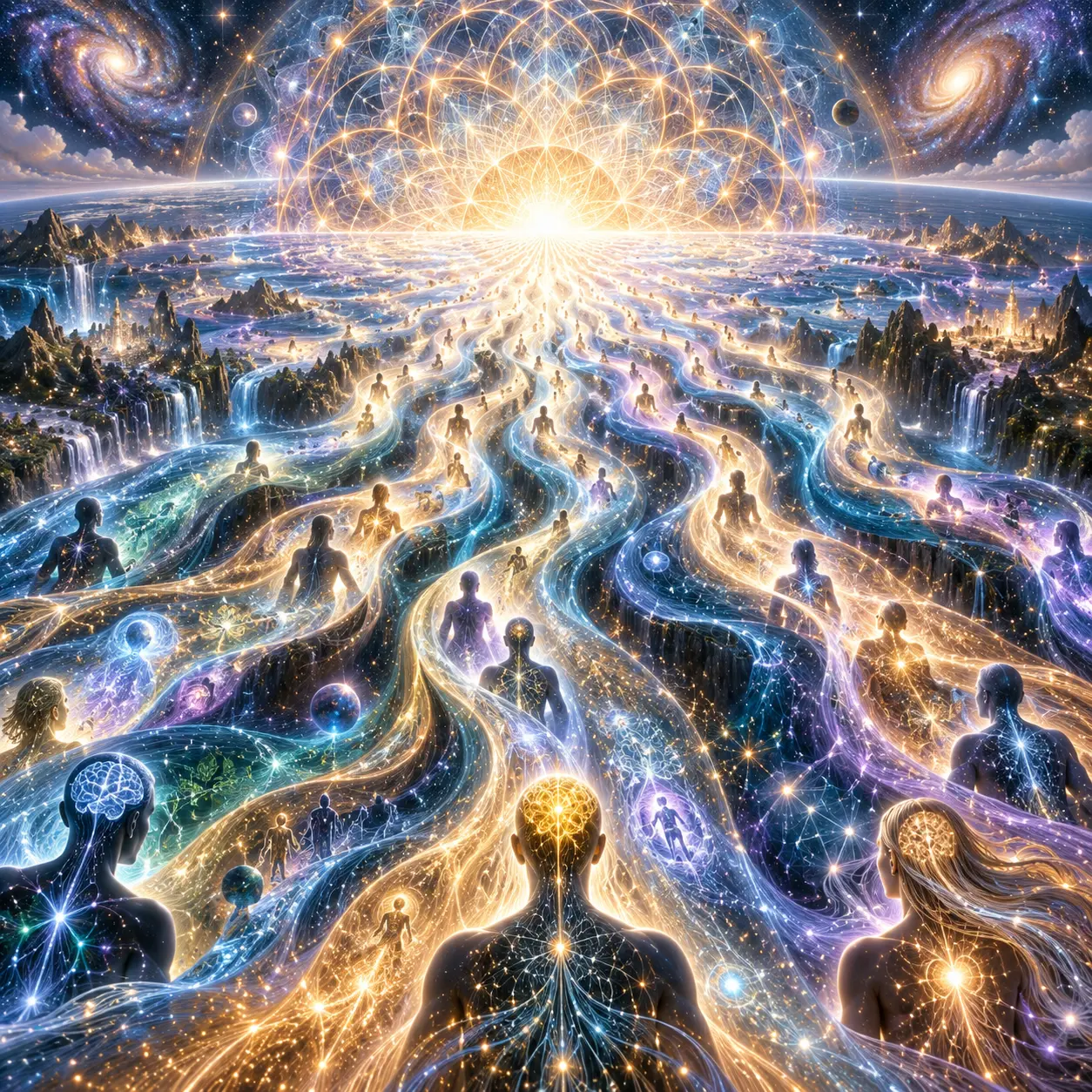 Figures with glowing brains walk along luminous streams of light that converge toward a radiant sun beneath a vast geometric web and spiral galaxies