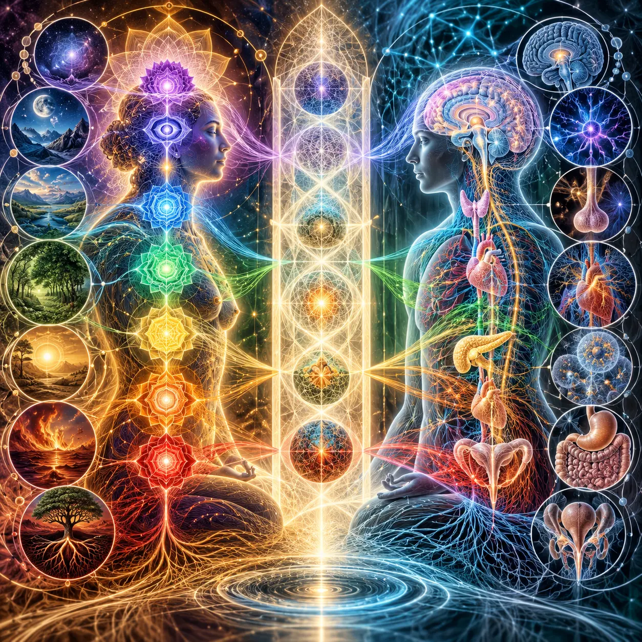 A meditating figure with seven glowing chakra centers along the spine, surrounded by luminous geometric patterns