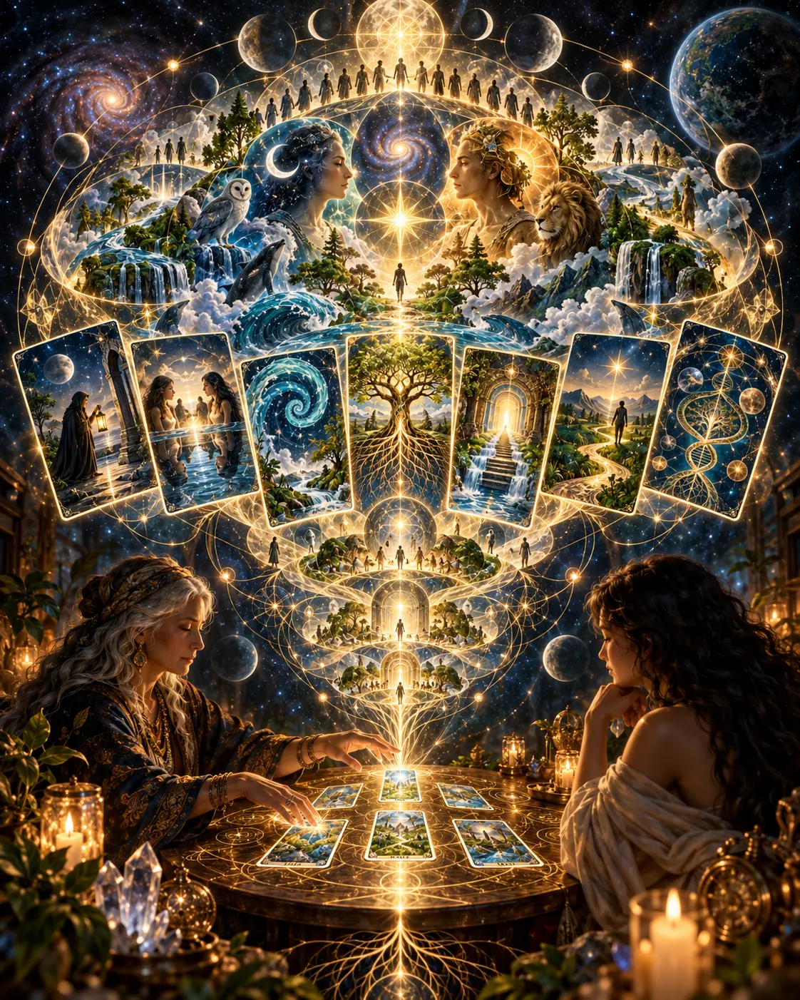 A tarot reader and a young woman at a candlelit table as glowing cards rise into a cosmic web of nature, people, moon and sun figures, and Earth