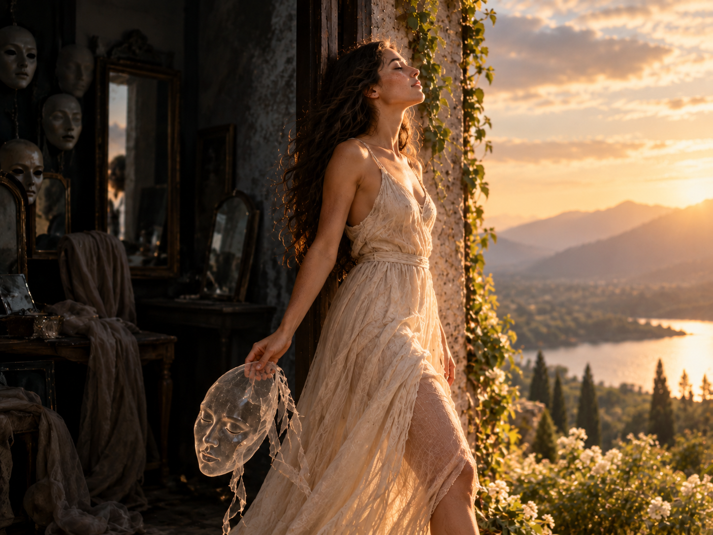 A woman stepping out of a room of masks into golden sunset light, holding a translucent mask at her side