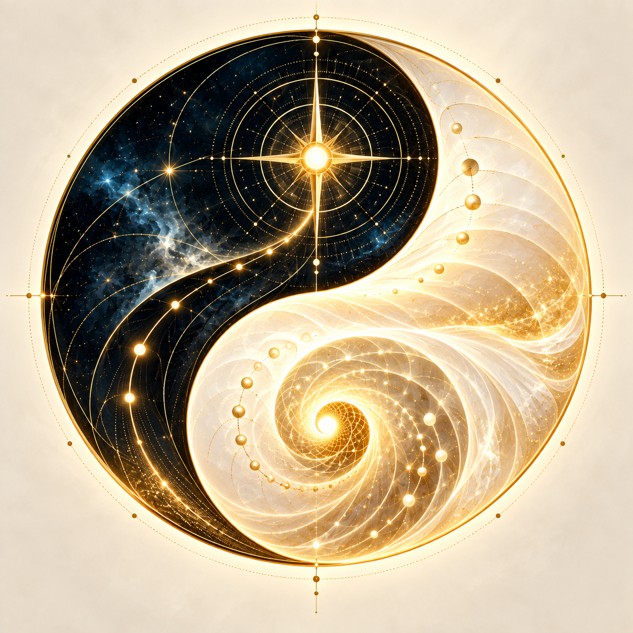 A yin-yang of golden light and starry darkness spiraling into a single glowing point of creation