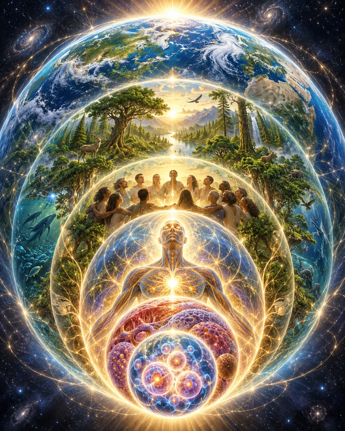 Nested living systems from cells and a human body through a circle of people and forest ecosystems to Earth, connected by golden light