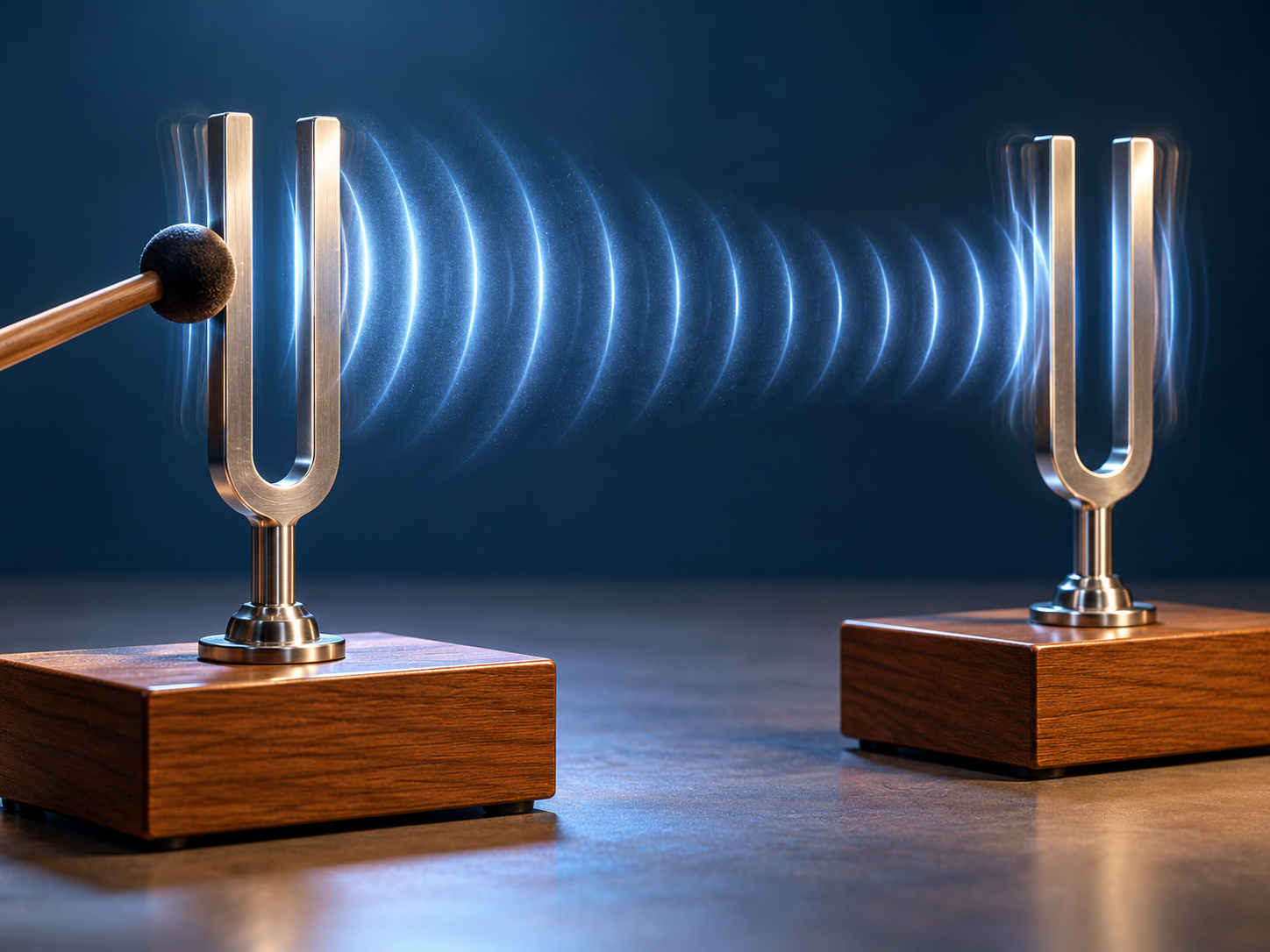 Two tuning forks demonstrating resonance through sound waves