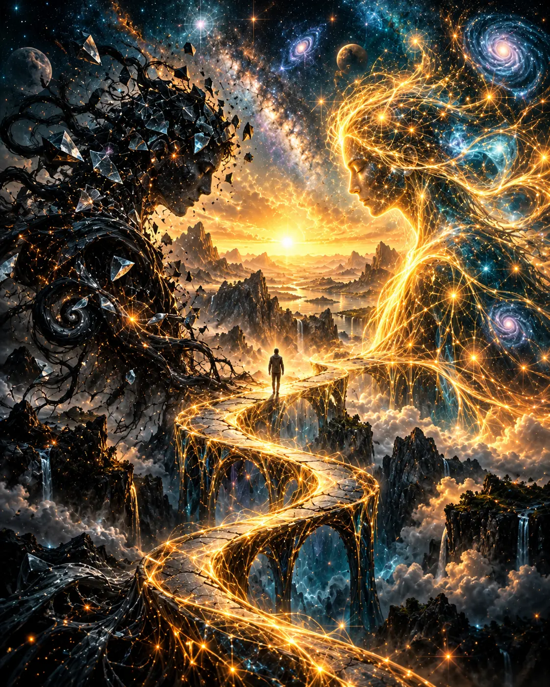 A lone figure walks a glowing golden path between a shattering dark crystalline figure and a radiant figure woven from stars and light, toward a sunrise over mountains