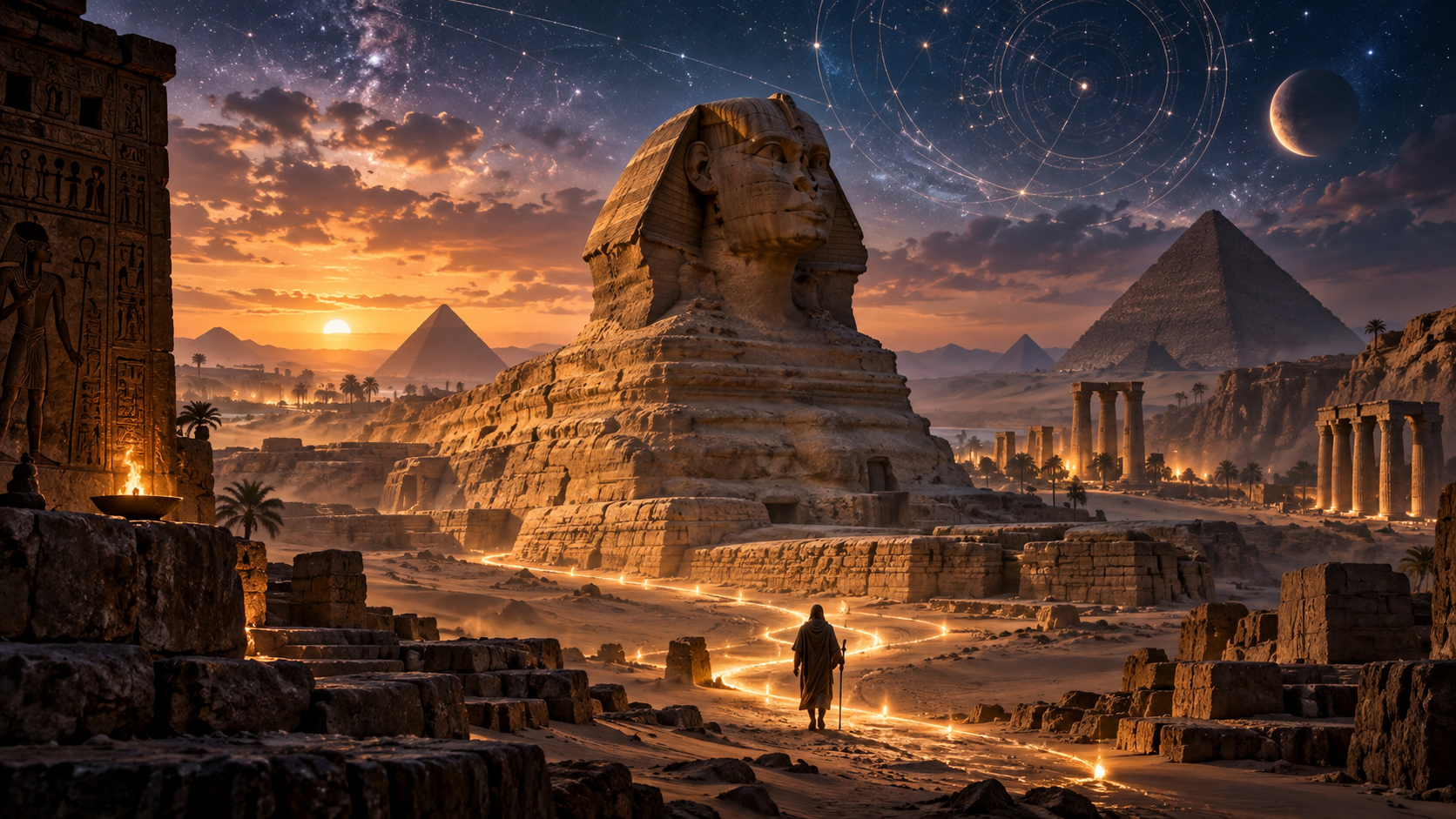 The Great Sphinx at sunset beneath a star-filled sky with pyramids and glowing pathways