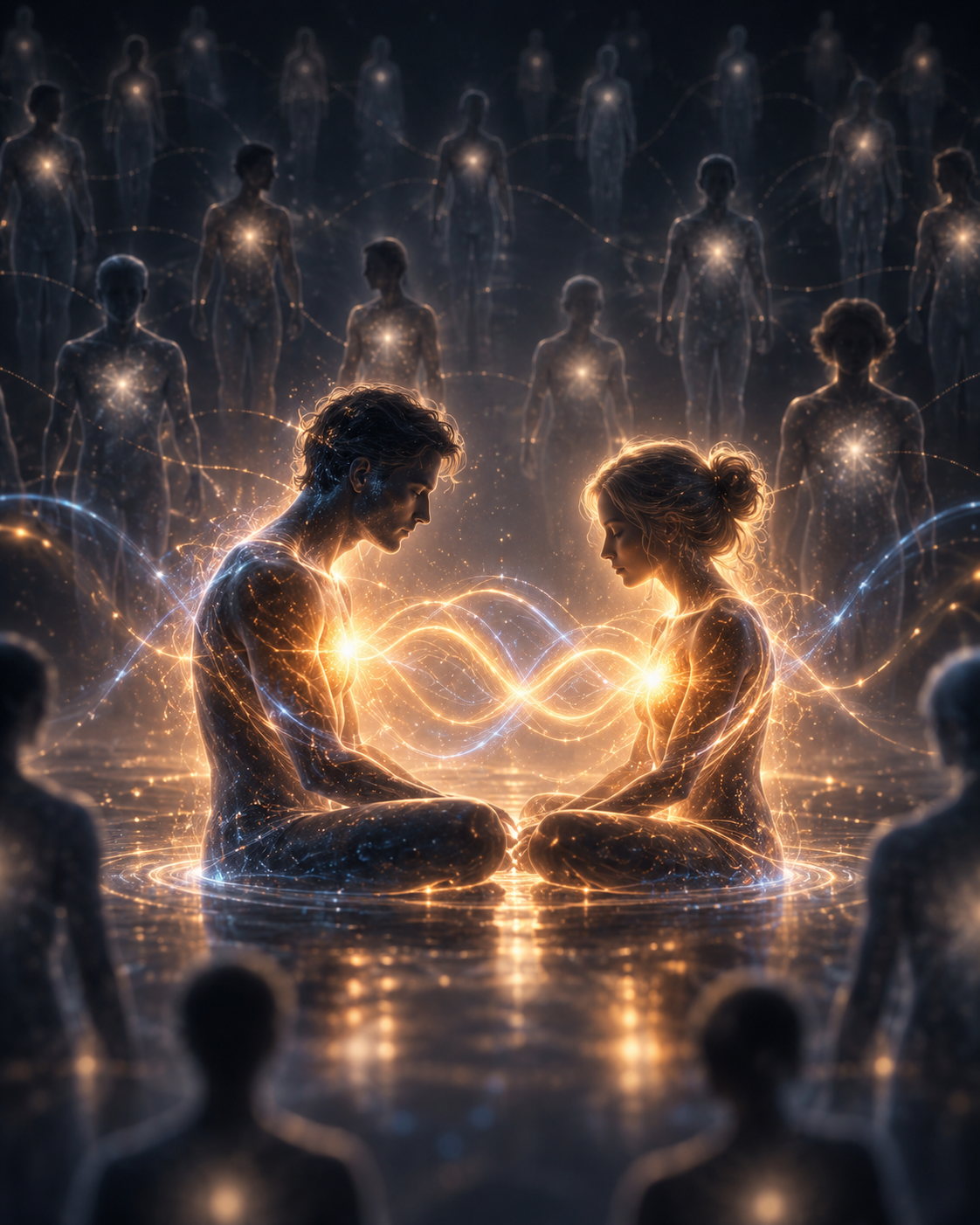 A man and a woman facing each other in still water, their bodies woven with golden and blue light and their hearts connected by flowing waves of energy, surrounded by a circle of luminous figures