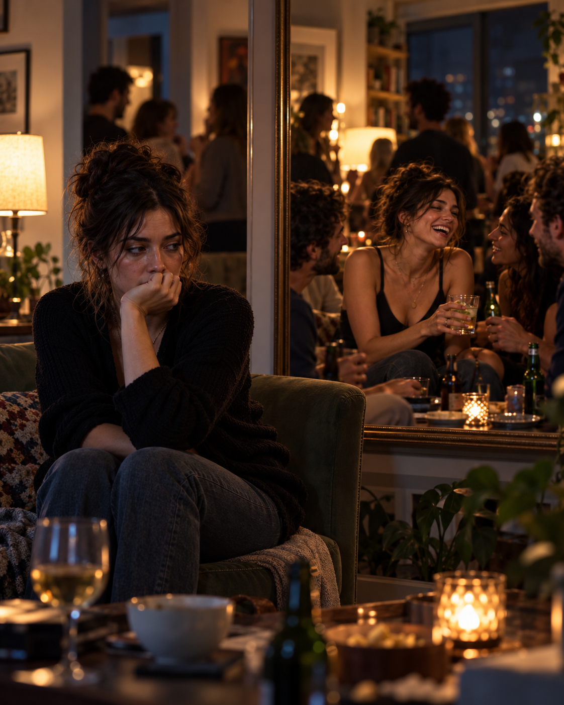 A woman sitting apart and lost in thought at a lively evening gathering