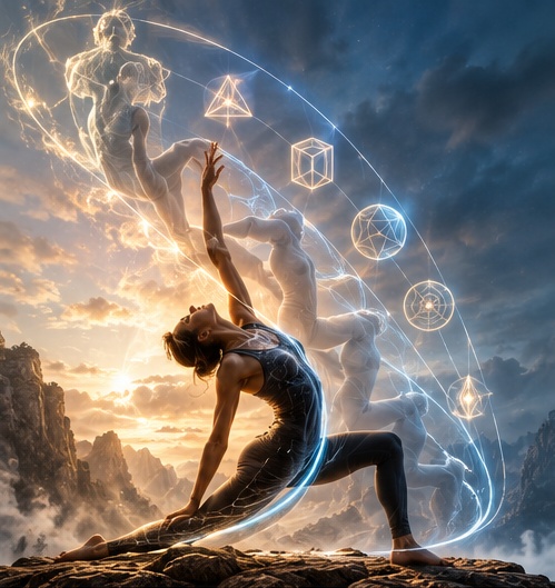 A woman in a deep yoga lunge on a rocky peak, with translucent echoes of her body rising through successive poses toward glowing geometric forms in a twilight sky