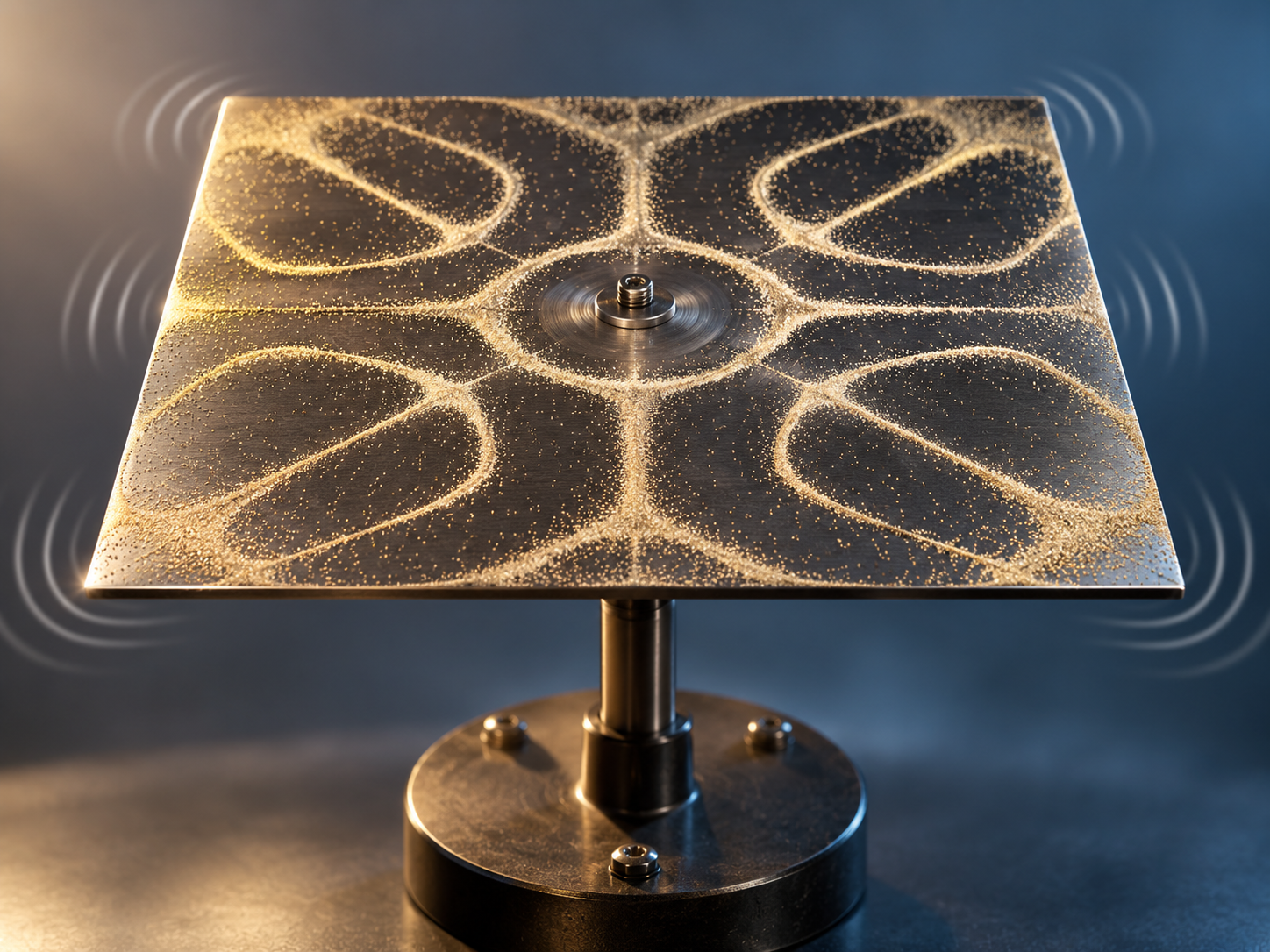 Sand forming a geometric Chladni figure on a vibrating metal plate