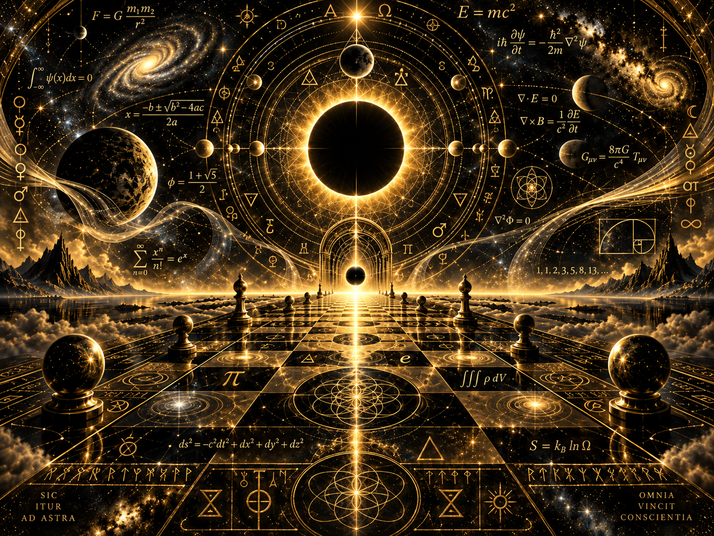 A golden cosmic game board with chess pieces, planets, equations, and a radiant Black Sun