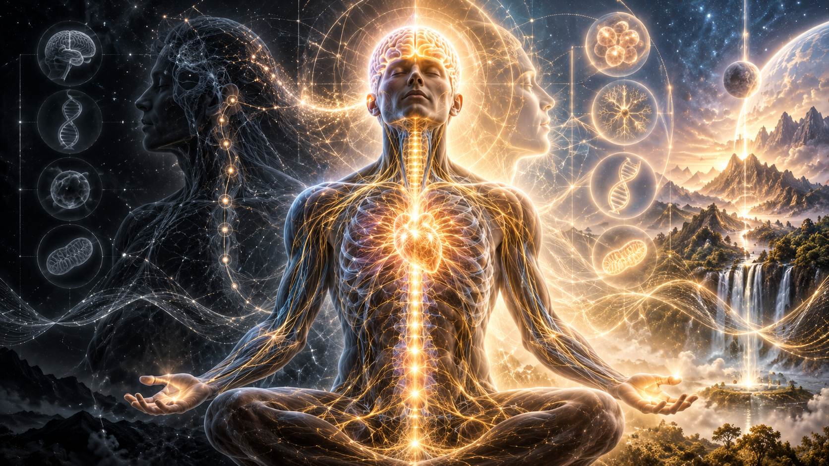 A meditating figure with a glowing brain, spine, and heart surrounded by anatomy circles and stars