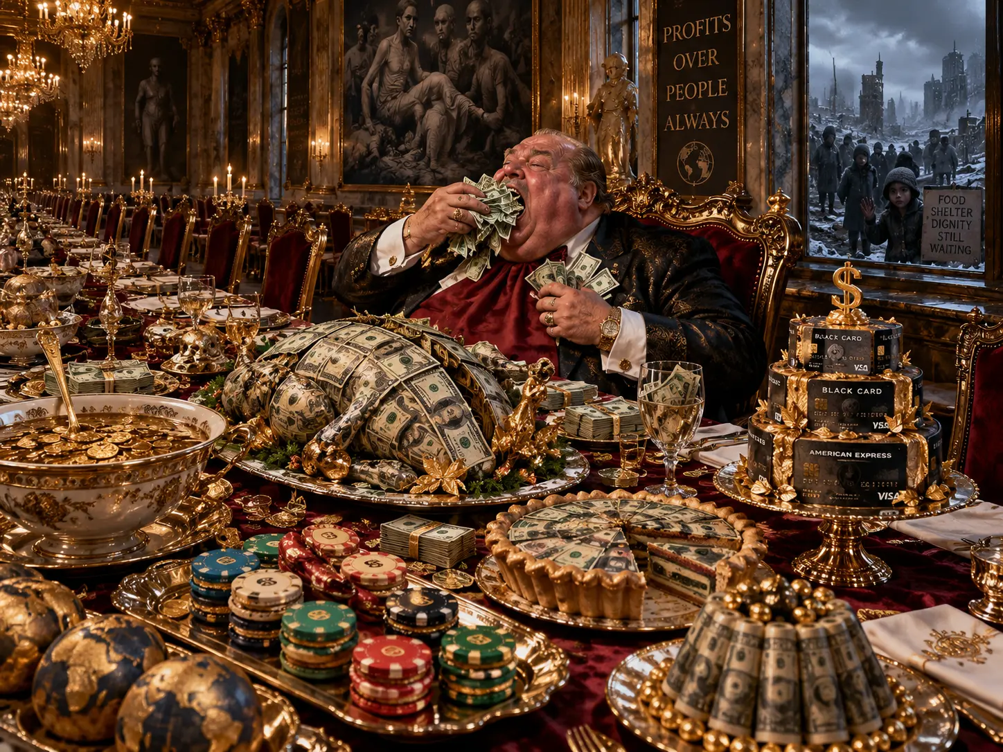A wealthy man in a gilded banquet hall eats banknotes at a table piled with money, while cold, hungry people outside the window hold a sign reading Food, Shelter, Dignity, Still Waiting