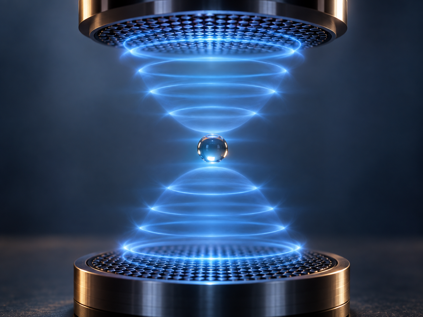 A small object suspended between acoustic levitation emitters
