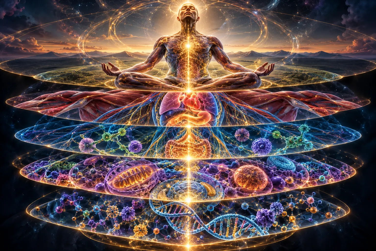 A meditating figure above layered biological systems, organs, cells and DNA connected by golden light
