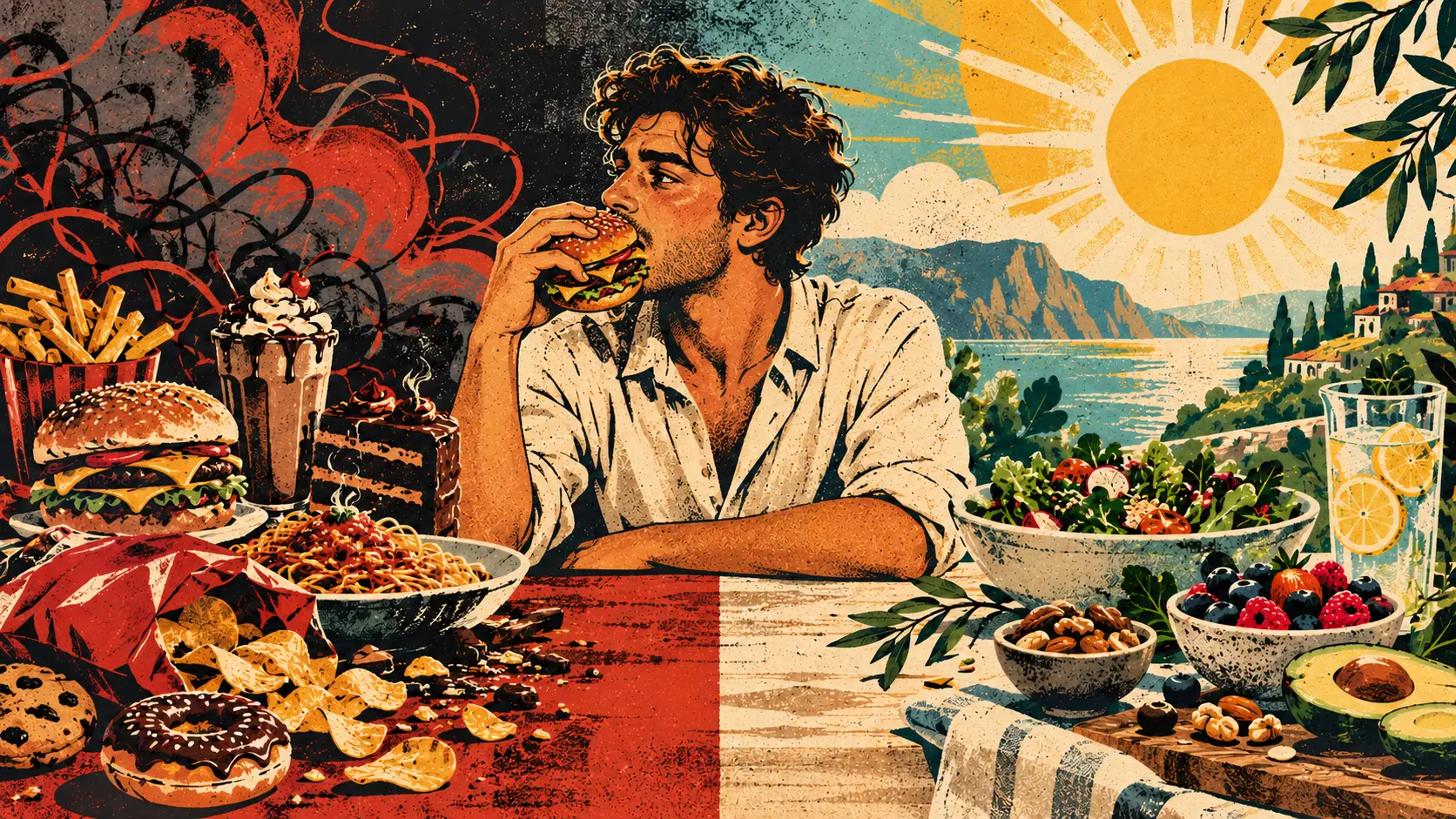 A woman seated between heavy comfort foods and fresh vibrant foods, gazing toward a bright sun