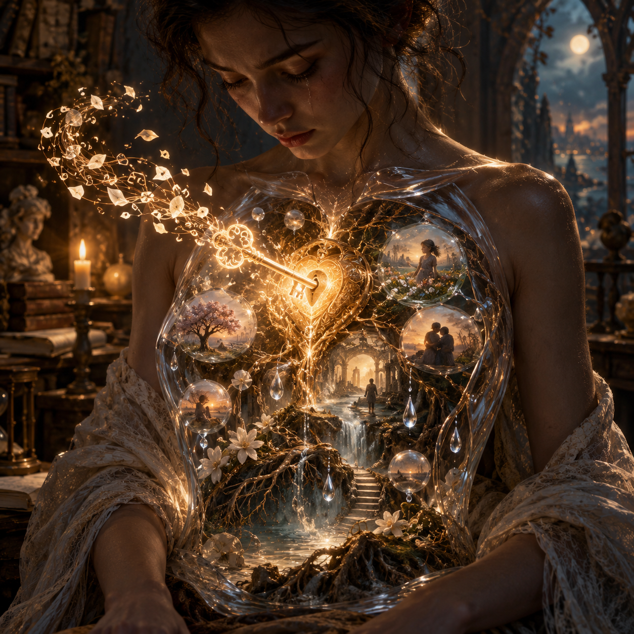 A tearful woman seated in a dark library, her transparent torso revealing a golden key turning in a heart-shaped lock above miniature memories held in glass