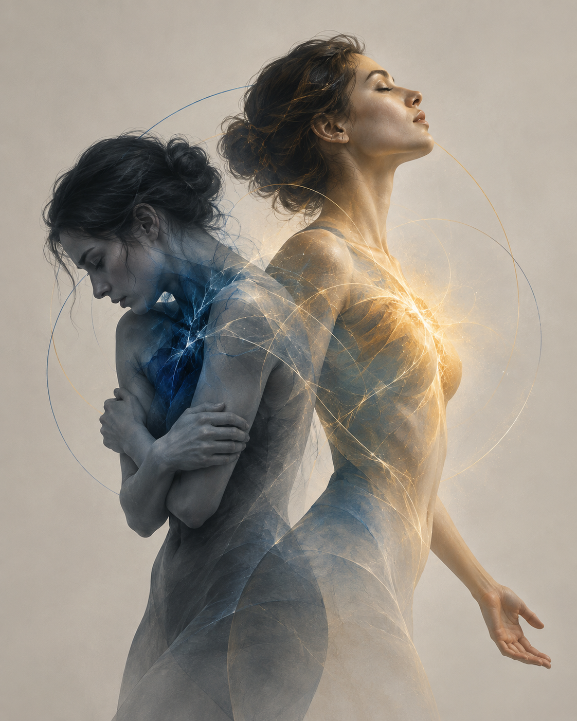 Two figures moving from a guarded blue posture into an open golden posture