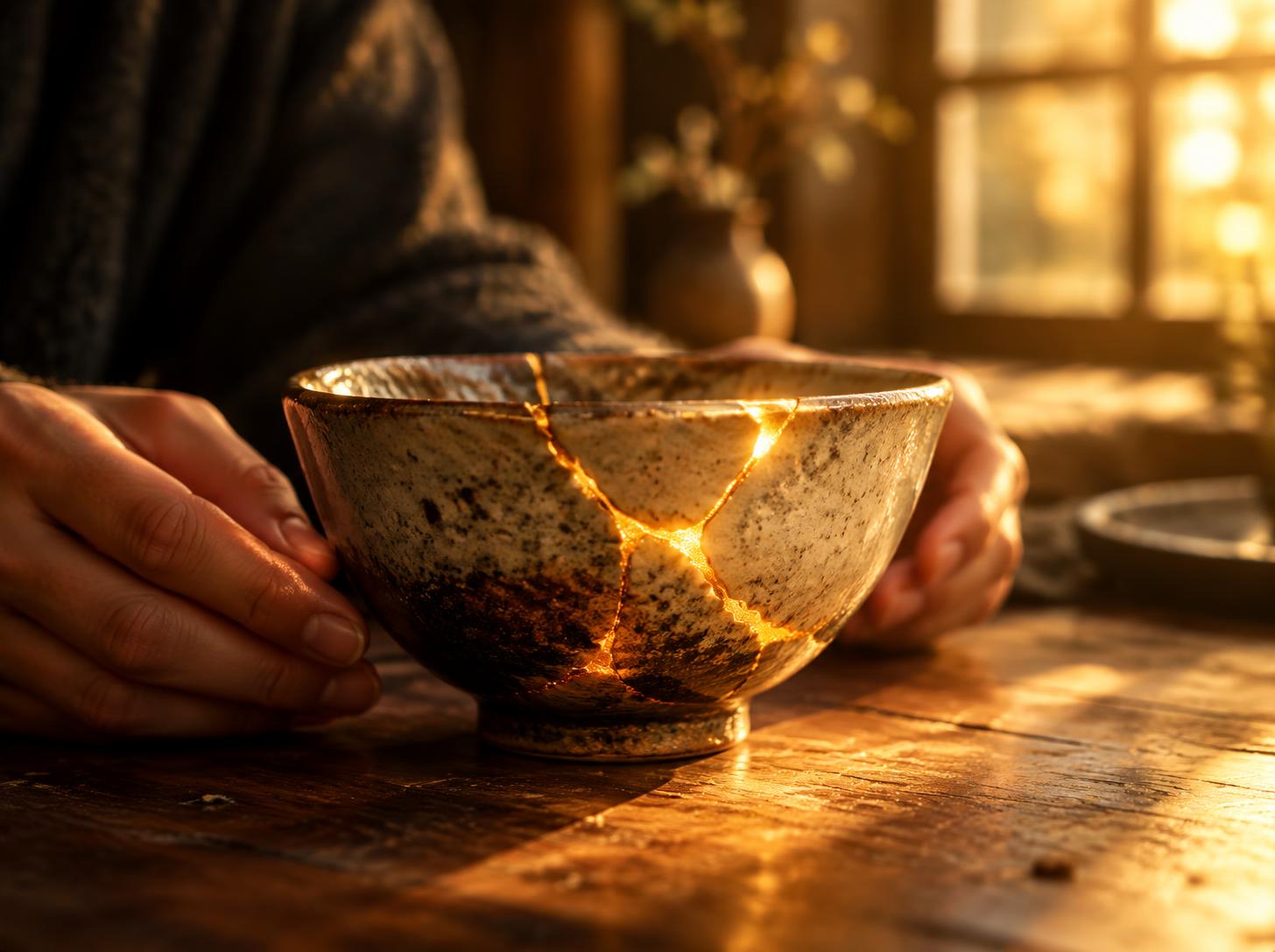 A broken ceramic bowl mended with glowing golden seams, held gently in a person's hands in warm light