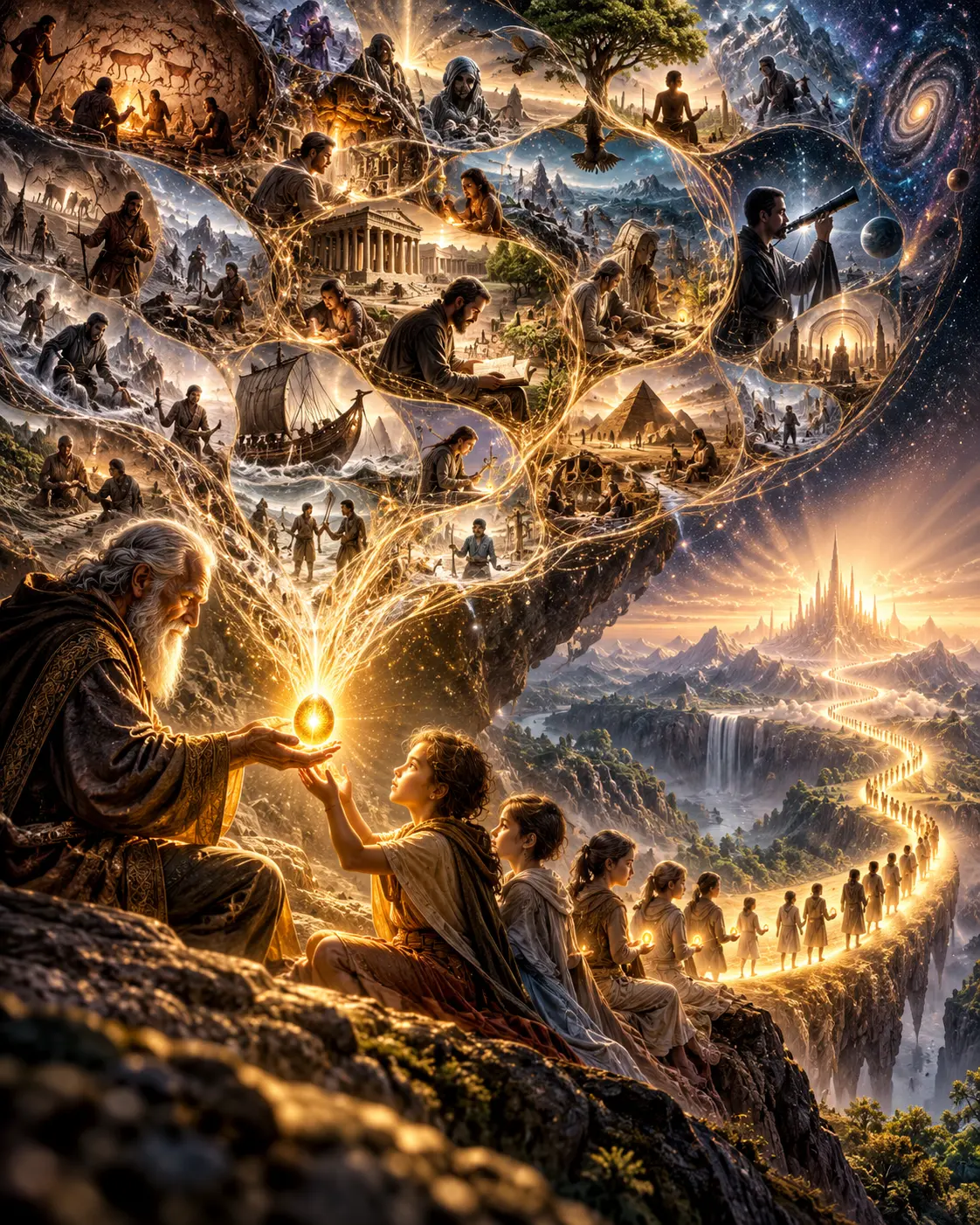 An elder passing a glowing light to a child, with scenes of human history above and a line of people carrying lights toward a radiant city