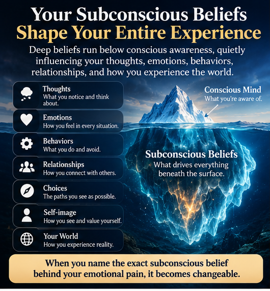 Your subconscious beliefs shape your entire experience: an iceberg with the conscious mind above the surface and subconscious beliefs beneath it, influencing thoughts, emotions, behaviors, relationships, choices, self-image, and how the world is experienced. When you name the exact subconscious belief behind your emotional pain, it becomes changeable.