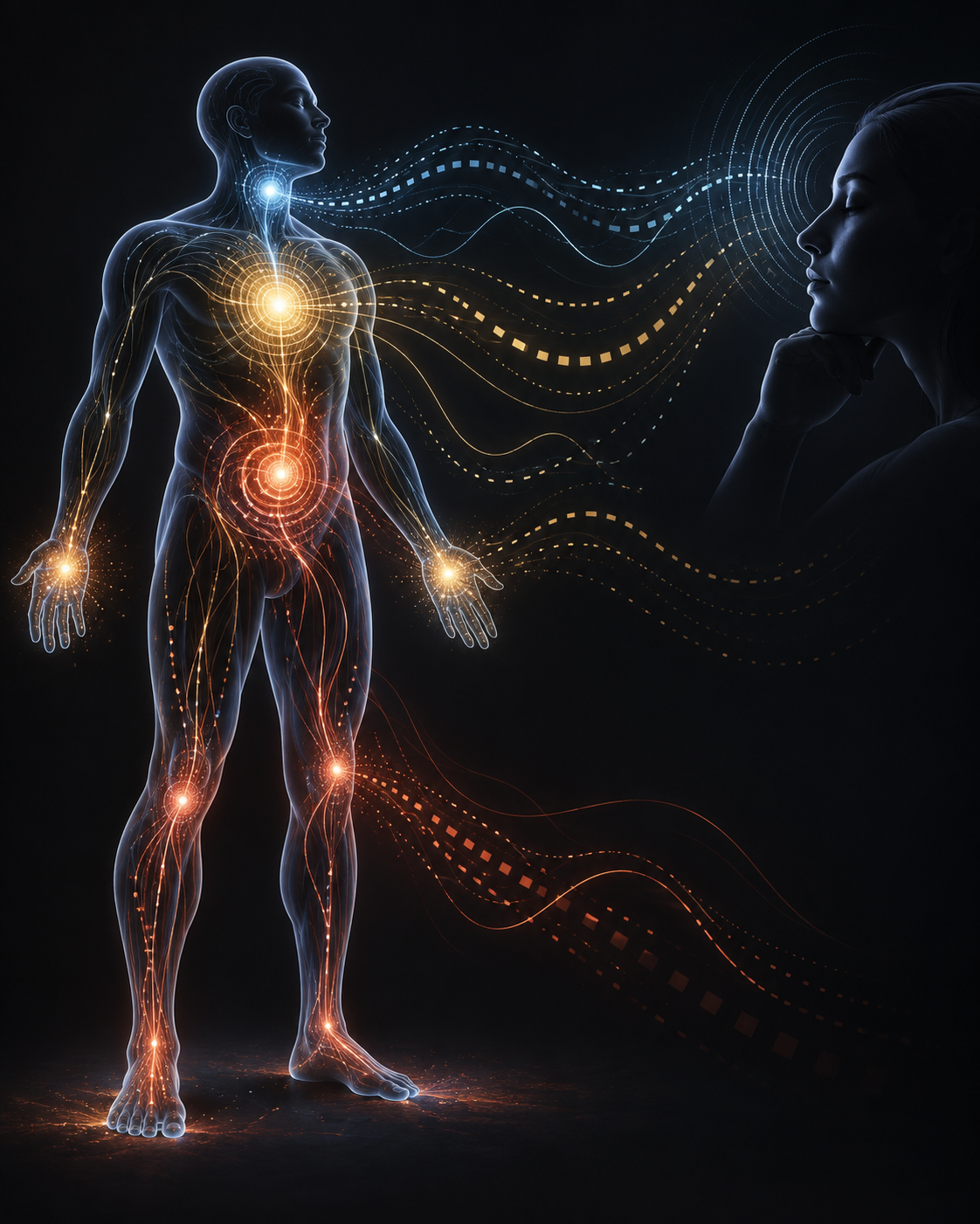 A holographic human figure with glowing energy centers bridging into a silhouette of a mind in thought, connected by flowing waves of light