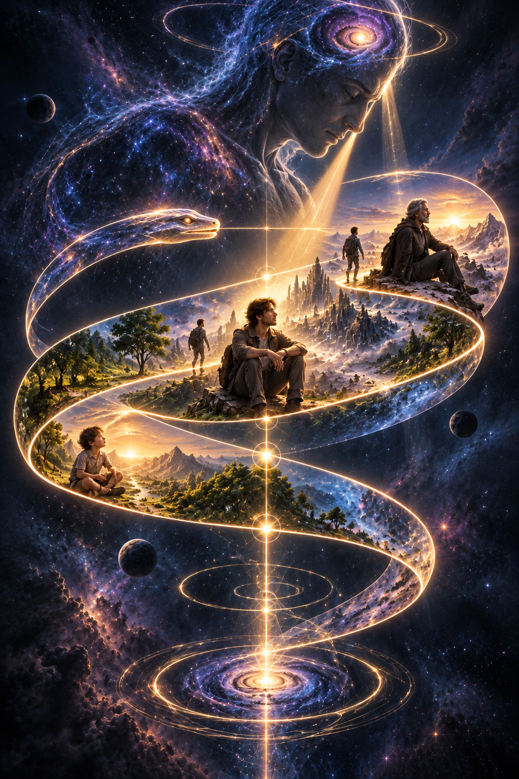 A luminous golden spiral path connecting stages of life beneath a cosmic face and star-filled sky