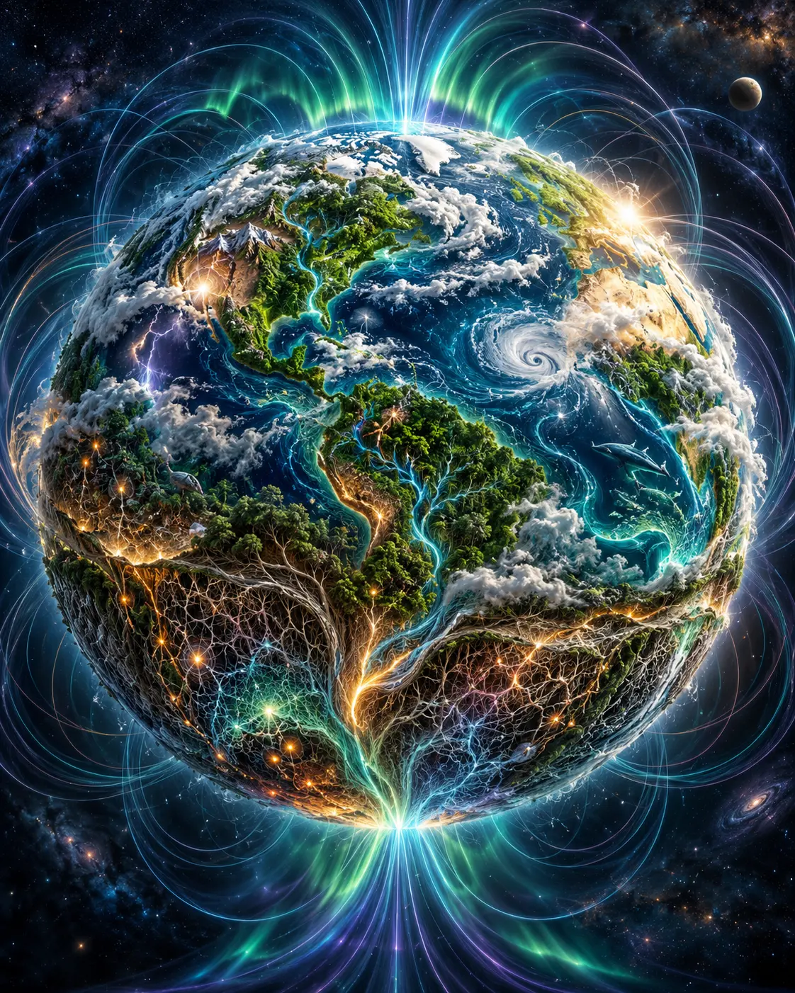 Earth glowing within magnetic field lines, its forests, oceans, clouds and luminous root networks connected by light