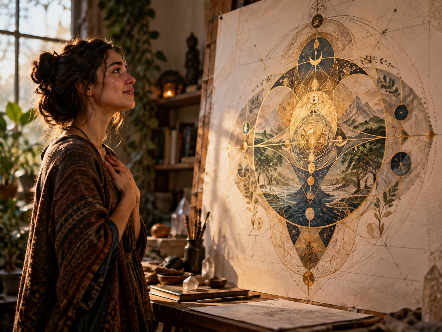 A woman looking at a golden geometric mandala painted over a landscape