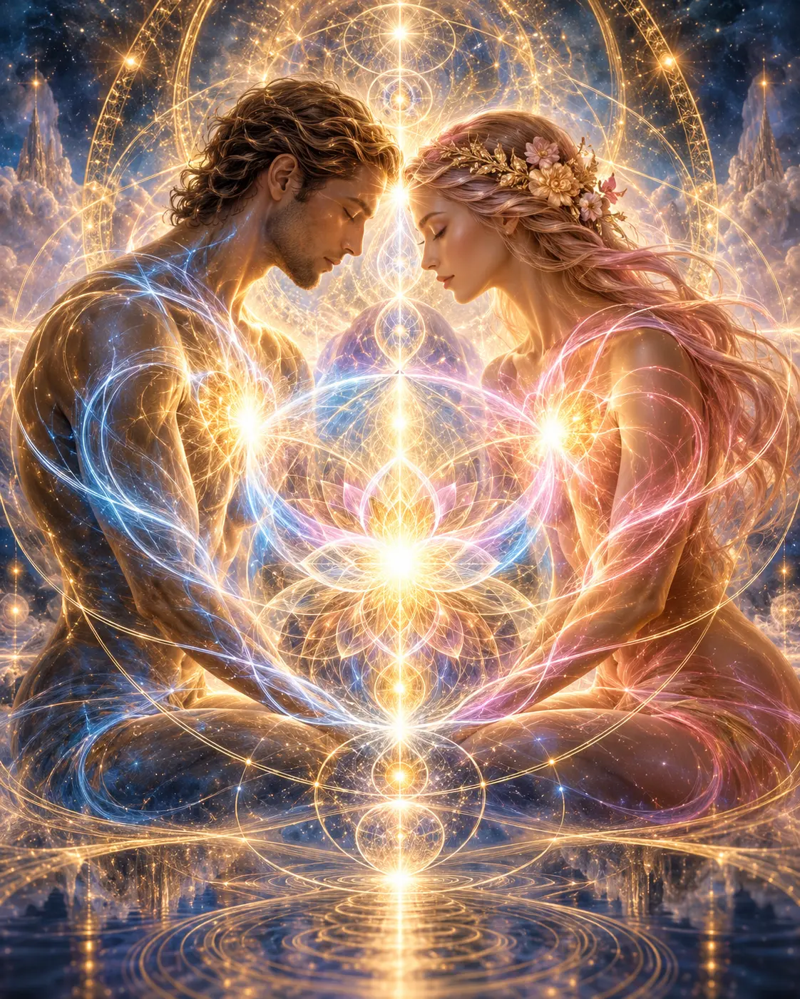 A man and a woman facing each other in meditation, their bodies woven with golden and rose streams of light that meet in a radiant lotus between them, surrounded by luminous sacred geometry above still water