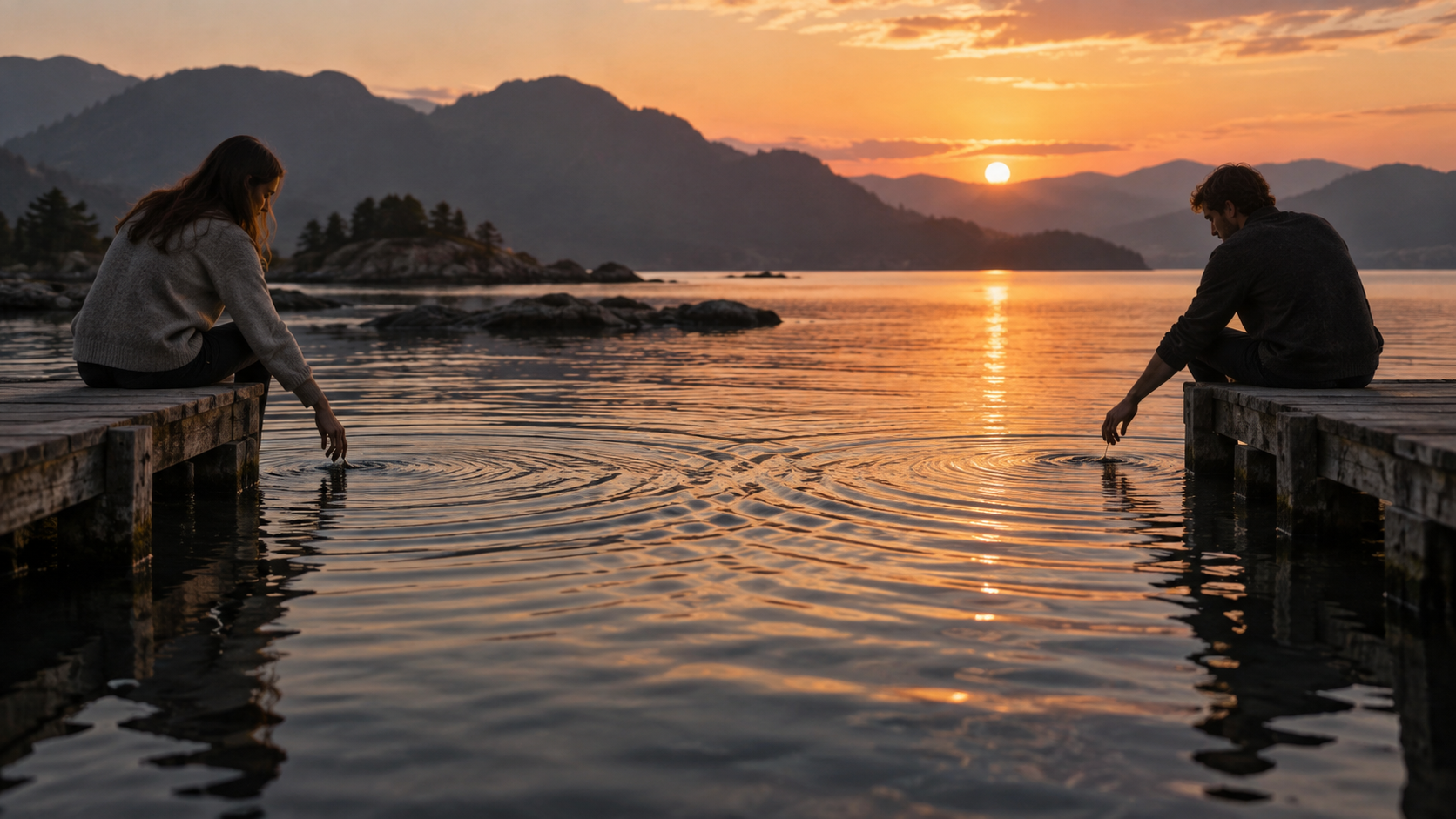 Two people creating intersecting ripples in a mountain lake at sunset