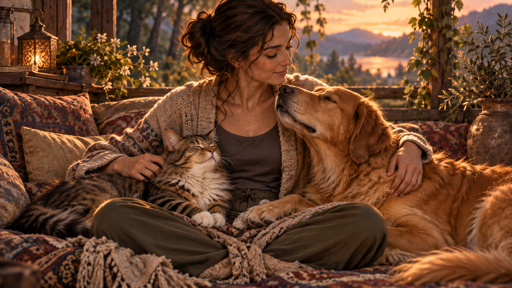 A woman sharing a peaceful moment with a cat and golden retriever at sunset