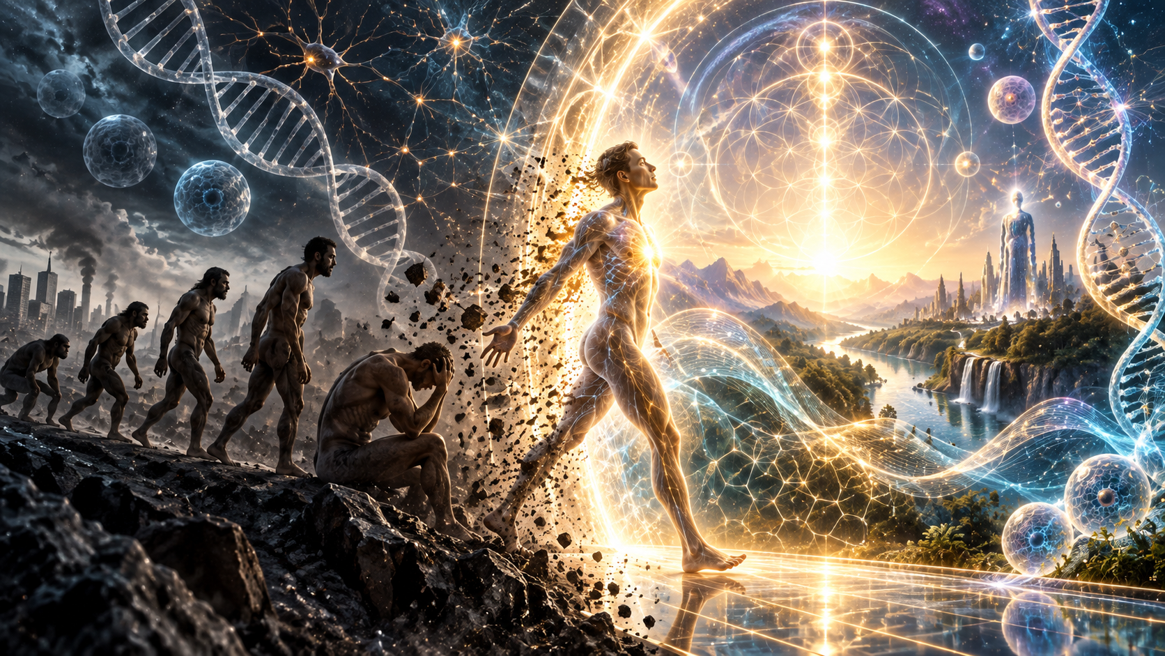 A glowing figure stepping from a line of struggling humans toward a radiant future city, DNA spirals around them