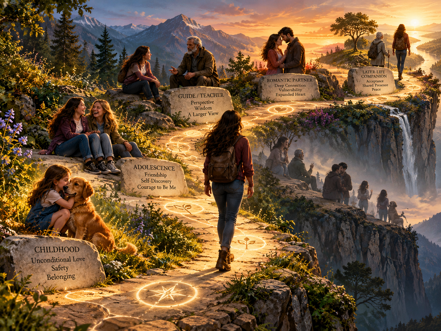 A woman walking a glowing golden path past milestones of childhood, friendship, teachers, romance, and later-life companions beneath a mountain sunset