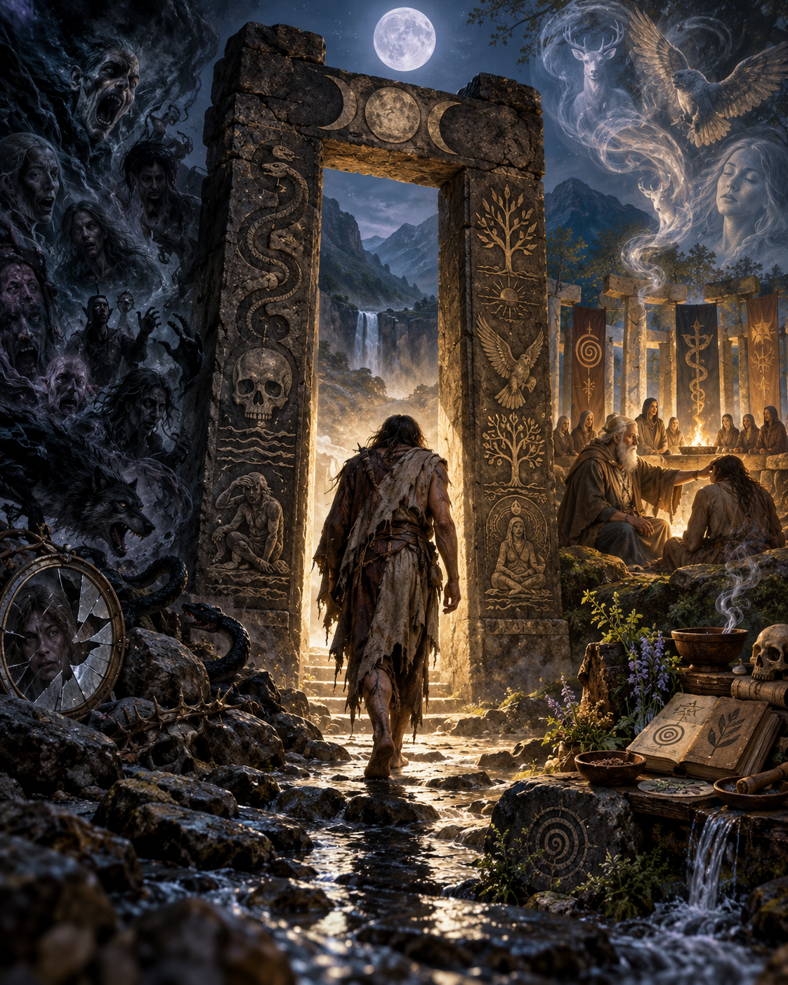 A ragged traveler walks barefoot through a carved stone gateway beneath a full moon, leaving tormented shadowy figures and a shattered mirror behind toward elders, healers and a sacred gathering