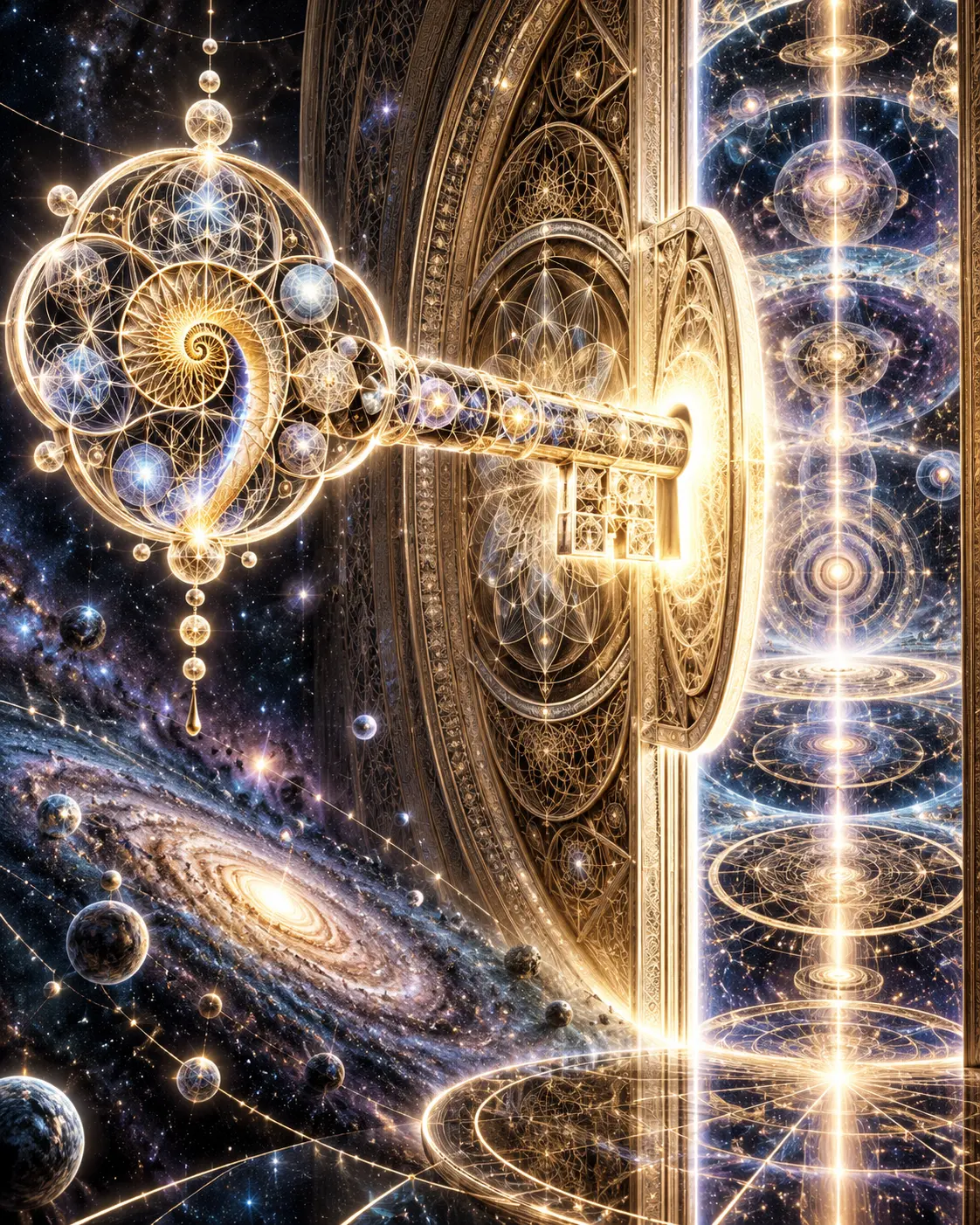 A golden key woven with spirals, stars and geometric forms opens an ornate doorway into a luminous cosmos