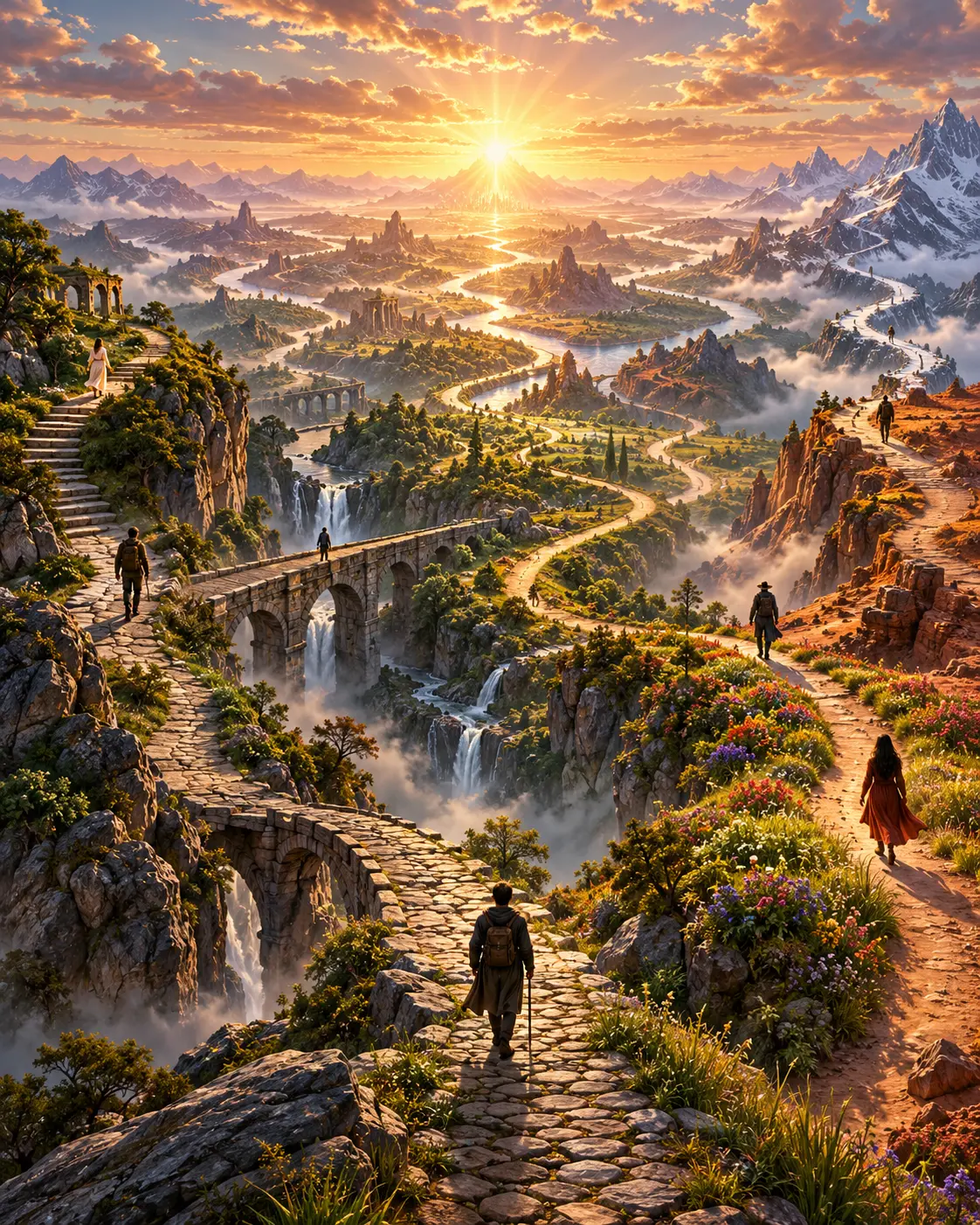 Travelers follow diverse winding paths and bridges across mountains and valleys toward one radiant sun