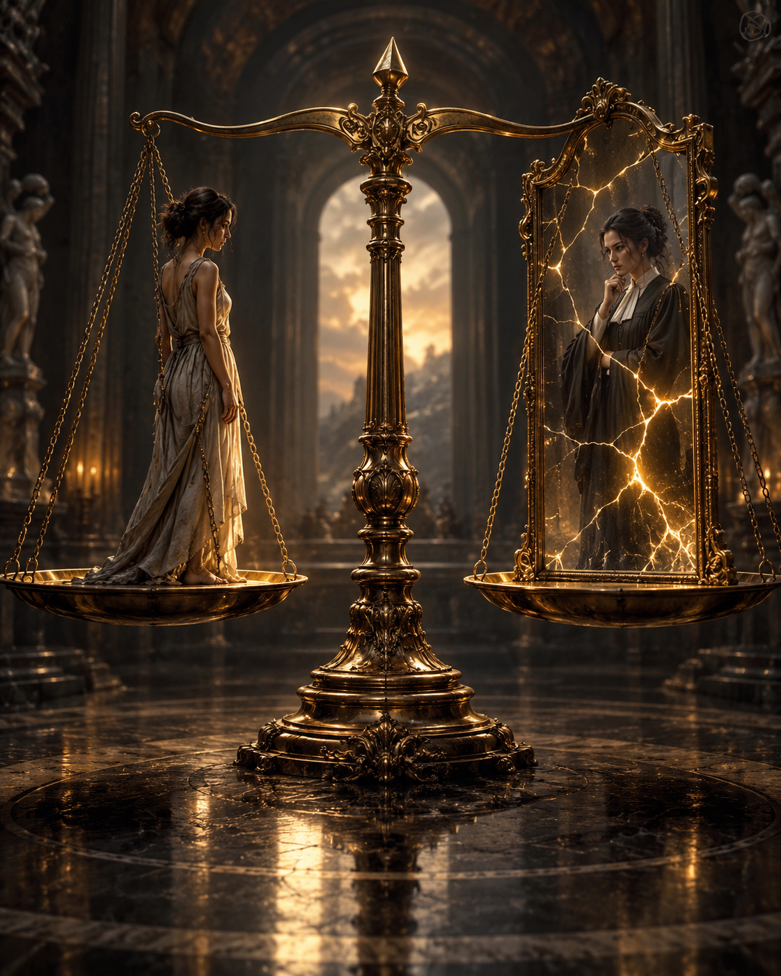 An ornate golden balance scale in a grand hall: a woman in a plain dress stands on one pan while the other pan holds a cracked golden mirror reflecting her as a judge in black robes