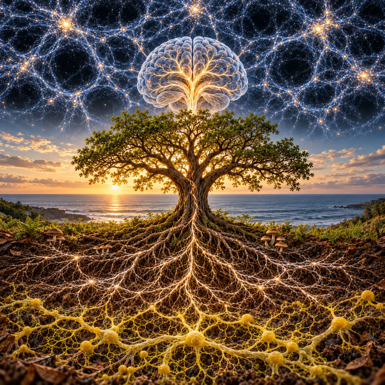A luminous tree rooted in a mycelial network beneath a brain-shaped crown and cosmic web beside the sea