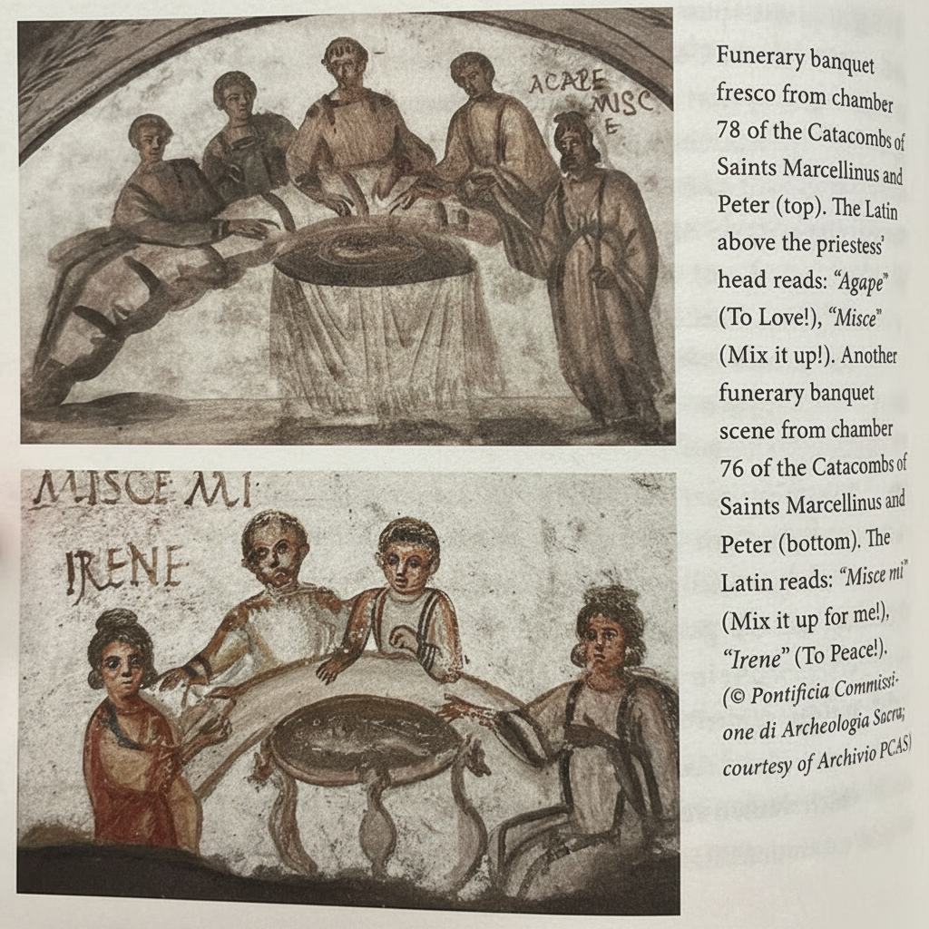 Funerary banquet frescos from the Catacombs of Saints Marcellinus and Peter showing Latin inscriptions about mixing sacred wine