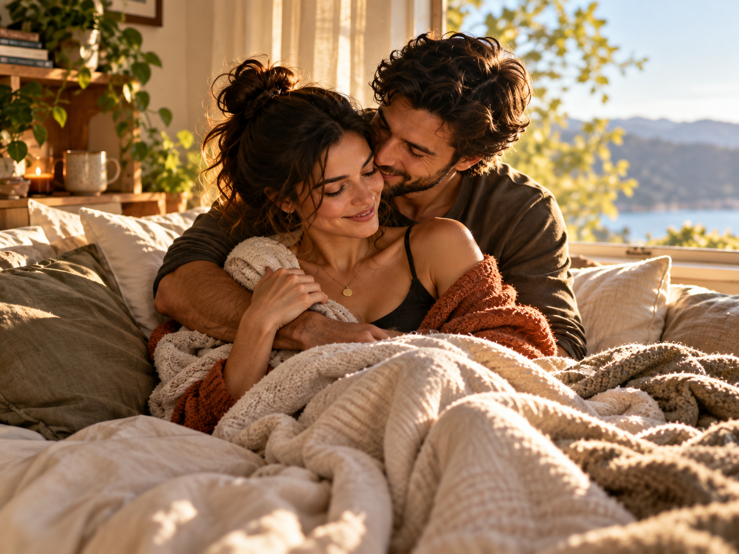 A couple embracing in a sunlit room
