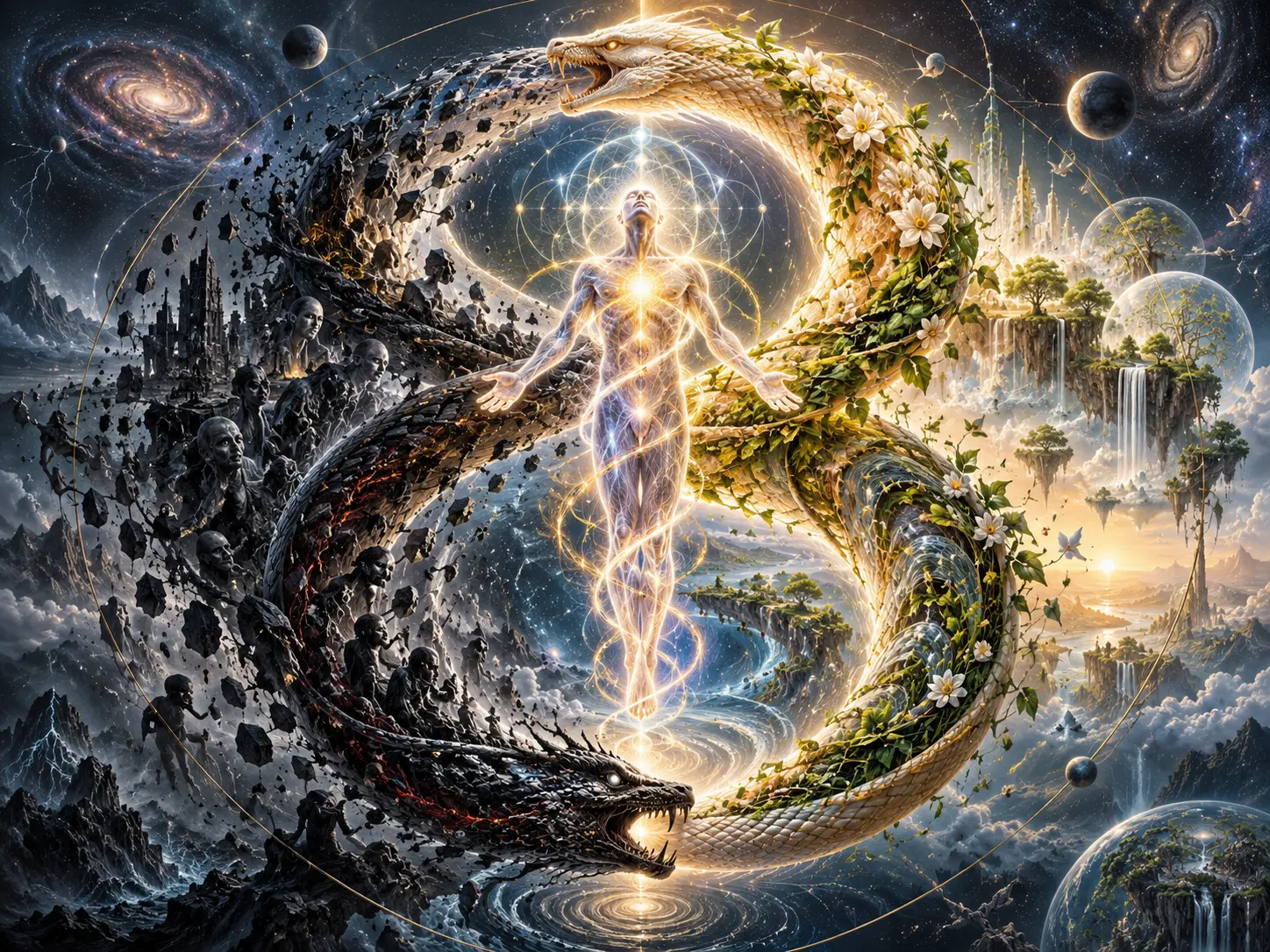 A luminous person centered within an Ouroboros, with darkness and fragmentation transforming into light, nature, and expanding consciousness